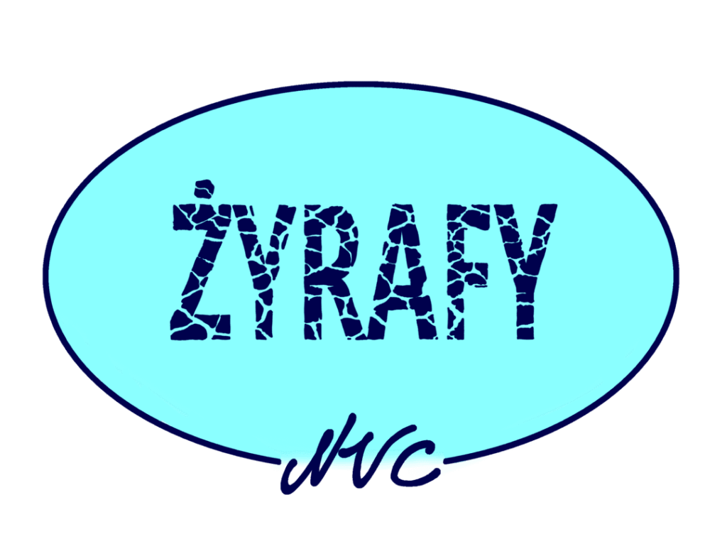 jasno niebieski owal z granatowym napisem ŻYRAFY NVC